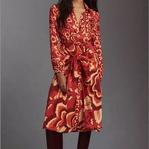 Farm Rio for Anthropologie Red and Orange Floral Long Sleeve Dress